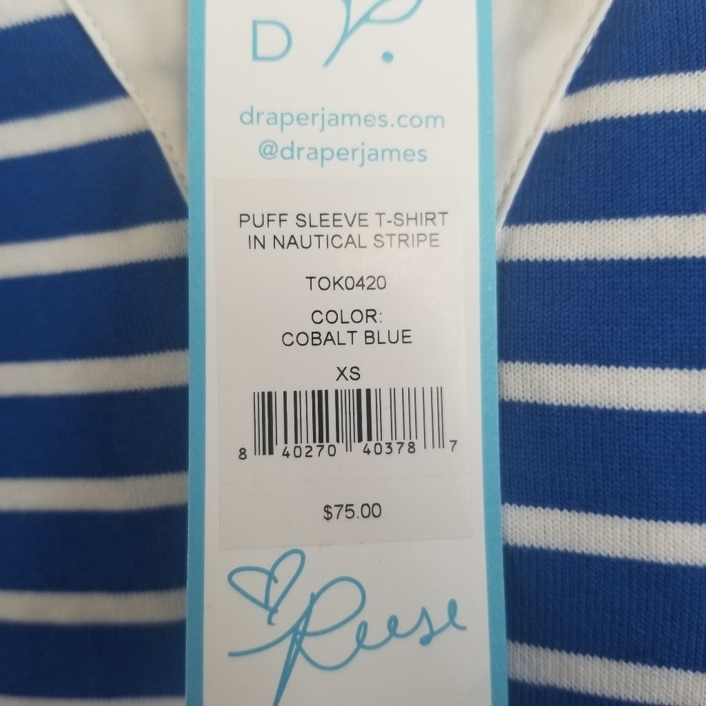 Draper James Puff Sleeve T-Shirt in Blue Nautical Stripe XS NWT - Picture 4 of 7
